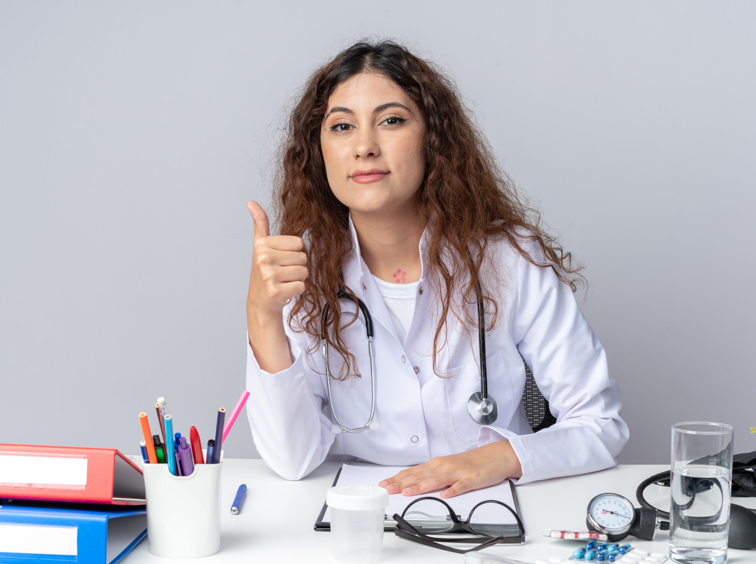 pleased young female doctor wearing medical robe and stethoscope sitting at table with medical tools keeping hand on table looking at camera showing thumb up isolated on white background